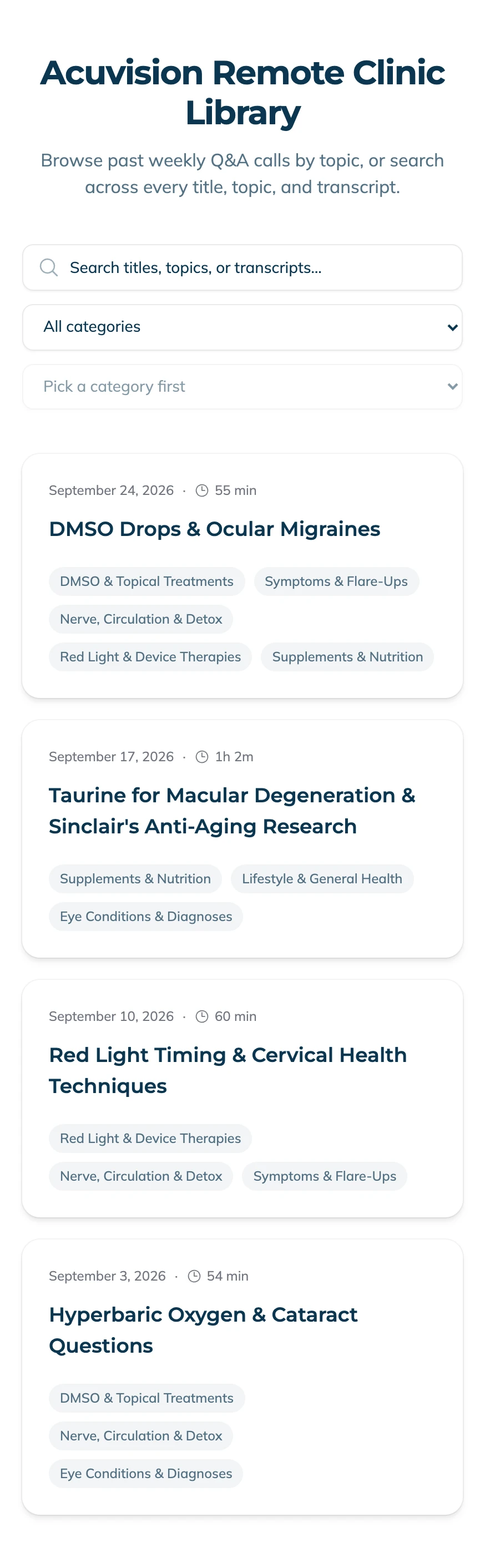 The Remote Clinic Library's browse page, showing a searchable grid of past Weekly Q&A calls