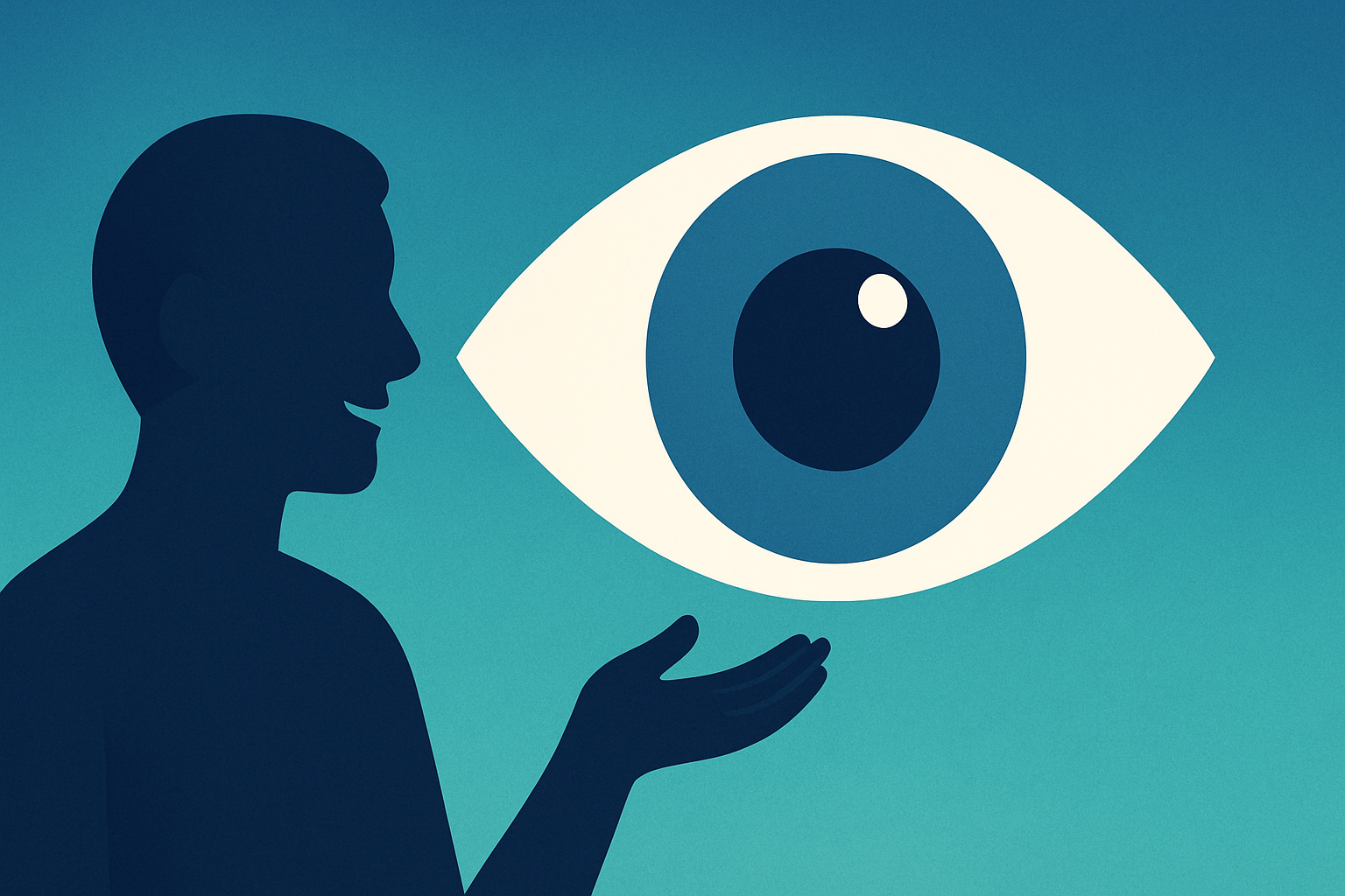 Silhouette facing a large stylized eye on a blue gradient background.
