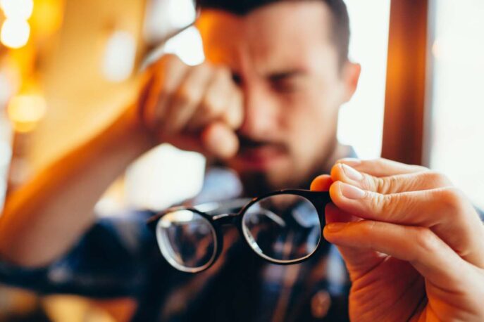 Hand holding smudged eyeglasses with a blurred man in the background rubbing his eye.