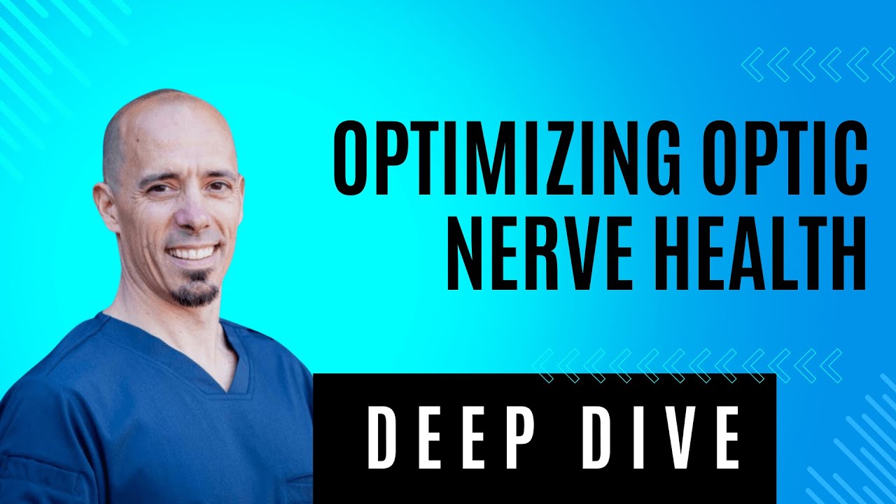 Man in blue scrubs smiling next to text that reads “Optimizing Optic Nerve Health – Deep Dive” on a blue gradient background.