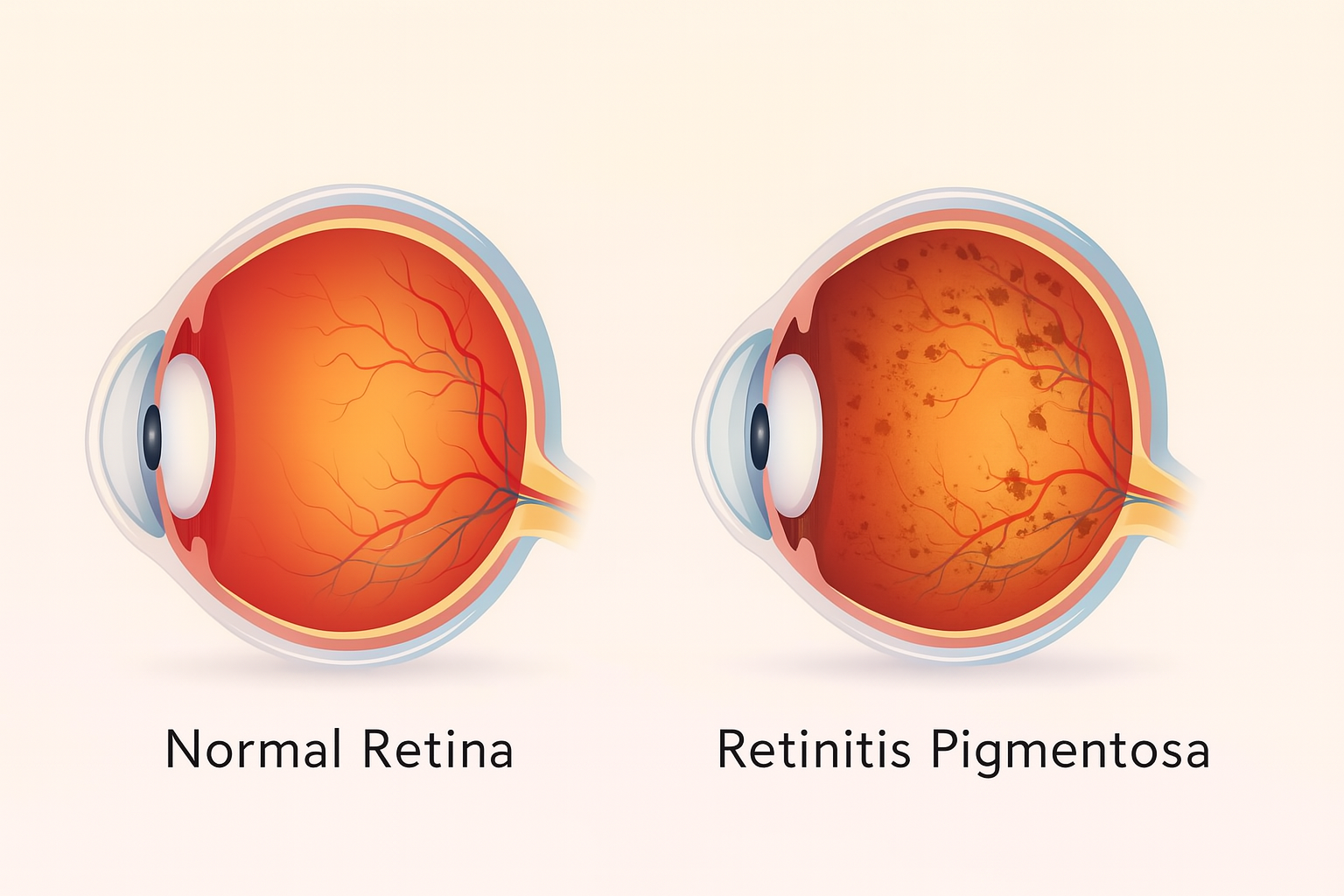 Diagram comparing a normal retina to one with retinitis pigmentosa